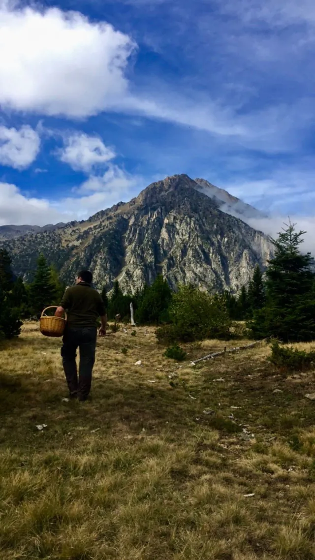 A walker with a rucksack looking out towards the ridges